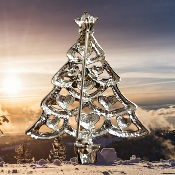 Silver/Gold Xmas Heart Tree Brooch/Pin 2" Tall - Picture 2 of 2